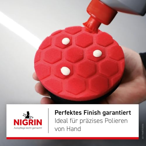 NIGRIN Hand-Polierschwamm, Hexagonform für sicheren Halt, Wabenstruktur für optimale Politurverteilung, Polierschwamm für präzises und effektives Polieren von Hand, rot/schwarz, 1 Stück