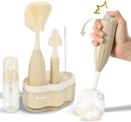 Baby Bottle Brush Set [Push-Press + Bendable Bottle Brush: 360°Comprehensive Cleaning] Baby Bottle Cleaner Brush Set for Baby Bottle/Nipple/Straw/Breast Pump Drying Rack and Travel Bag Included