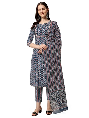 Image of MIRCHI FASHION Pure Cotton Women Straight Embellished Ajrakh Print Kurti Set with Dupatta and Pant