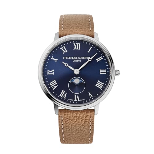 Frederique Constant Swiss Made Classic Quartz Moonphase Silver Stainless Steel Case Watch and Brown Leather Strap Blue Dial, Style:FC-206RN3S6