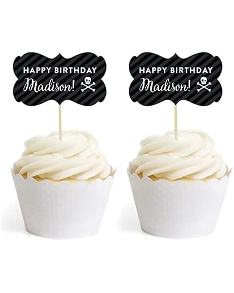 Andaz Press Personalized Birthday Cupcake Toppers DIY Party Favors Kit, Pirate Skull and Crossbones, Double-Sided, 18-Pack, Custom Name