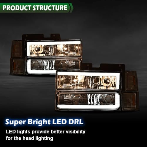 Image of GRAND ORANGE LED DRL Headlight Assembly Compatible with GMC C1500 K1500 Yukon 1994-1999, Fit GMC C1500 C2500 K1500 K2500 Suburban 1994-1999 5977460 GM2801104 5977737 Left & Right Headlamps