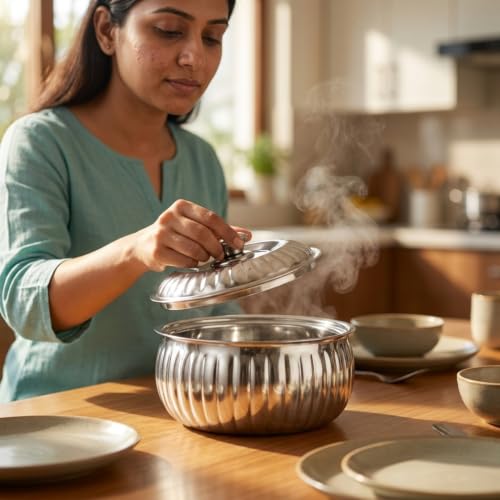 Image of CLASSIC ESSENTIALS Tripot Double Wall Insulated Stainless Steel Lotus Casserole 1500 ml | Hot Pot Food Storage & Serving Container | Thermal Belly Casserole for Roti, Rice, Dal, Curry & Meals