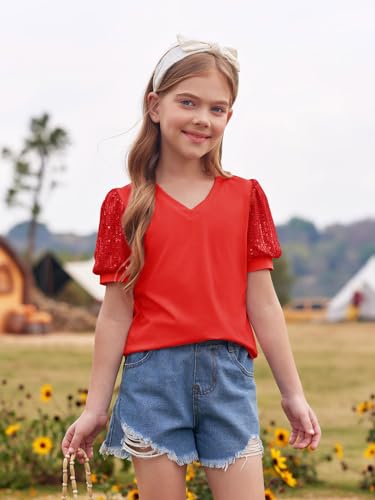 Haloumoning Girls Sequin Puff Short Sleeve Tunic Tops Kids Casual Loose V Neck Summer T Shirts Blouse 5-14 Years3