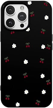 Casen iPhone 15 Pro Max ile Uyumlu Siyah Silikon K l f, Kiraz ve  i ek Desenli, Kamera Korumal