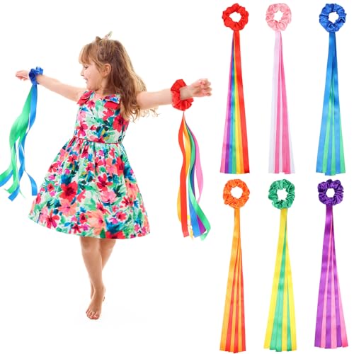 Image of VioraWhite 6 Pcs Rainbow Dance Ribbons for Kids Rainbow Rhythm Ribbons Elastic Wrist Streamers Hand Held Rhythm Streamers Gymnastics Dance Party Props for Adult Decor (0.8 x 19.7 Inch,Multicolor)