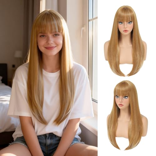 Bkiyyi Honey Blonde Wig with Bangs for Women Long Straight Wig for Grils Heat Resistant Synthetic Wig Blonde Hair Wigs for Daily Party Halloween Cosplay Wig 24inch