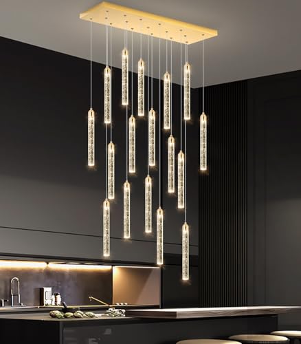 Image of Rectangular Chandeliers 17-Lights Long Light for Entryway LED Dimmable Chandeliers Lighting Fixture Flat Sloped High Ceiling Pendant Lights Crystal for Living Room Foyer Hallway Staircase Gold