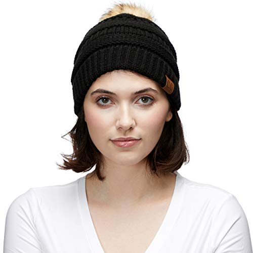 Image of CC Fur Pom Winter Fall Chunky Stretchy Cable Knit Beanie Hat