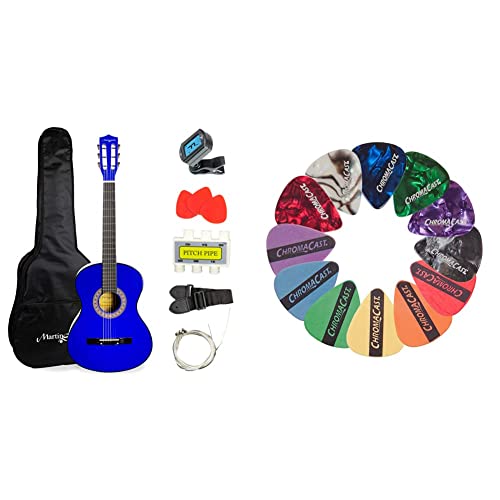 Martin Smith Acoustic Guitar Kit With Gig Bag, Plectrums, Pick Holder, Tuner, Strap & Spare Strings 6 Pack, Right, Blue (W-38-Bl) & Chromacast Cc-Sample Sampler Guitar Picks (12 Count) #TOP5