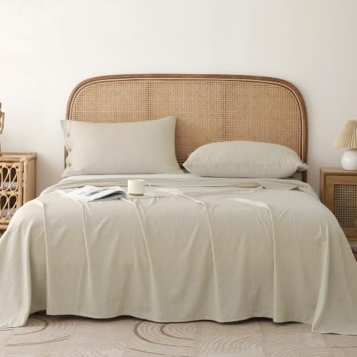 Image of Story@Home Linen King Size Bedsheet Cotton Textured Flat Sheet with 2 Pillow Covers Super Soft Bed Sheet for King Size Bed | 300 TC Solid Pattern | 250 x 270 cm | Beige