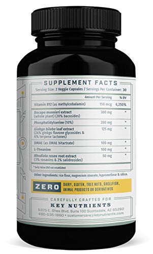 KEY NUTRIENTS Support Supplement, Focus & Clarity. Contains DMAE, Rhodiola Rosea, Gingko Biloba, phosphatidylserine & More KEY NUTRIENTS Support Supplement, Focus & Clarity. Contains DMAE, Rhodiola Rosea, Gingko Biloba, phosphatidylserine & More