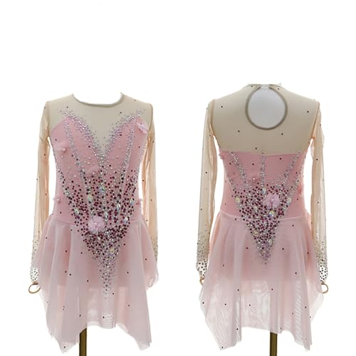 Vestido de patinação no gelo rosa halo tingimento elastano feito à mão cristais manga longa patinaçã