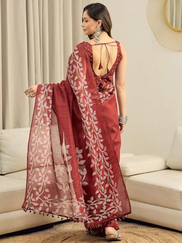 Image of AKHILAM Women's Cotton Printed Ready To Wear Saree With Unstitched Blouse Piece