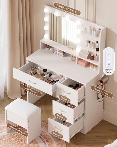 Image of LIVELYGLOW White Makeup Vanity Desk with Charging Station & 4 Drawers | 10 LED Bulbs, HD Mirror, Cushioned Stool, Hairdryer Rack