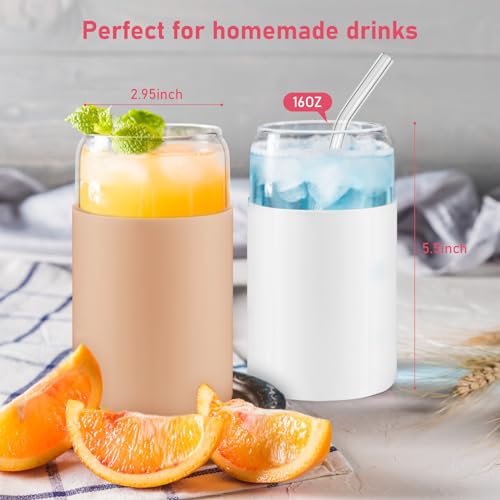 Image of sungwoo Glass Cups with Lids and Straws, 4 Pack 16OZ Iced Coffee Cups with Silicone Sleeve, Glass Tumbler with Straw and Bamboo Lid, Home Essential Drinking Set for Juice, Cocktail and Latte 4 Colours
