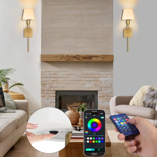 Image of Neoglint RGB Battery Operated Wall Sconces Set of 2, Wireless LED Wall Lights Indoor with App Control, Dimmable Rechargeable Gold Wall Lamps, Music Sync, Timer for Bedroom Living Room Gaming