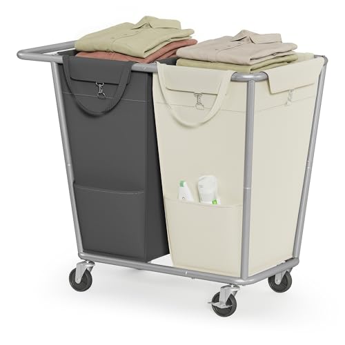 SONGMICS Laundry Basket with Wheels, 2-Section Laundry Sorter, 50.2 Gallons (190 L) Rolling Hamper with Removable Bags, Heavy-Duty Steel Frame, Cream White and Dark Gray URLS009X01