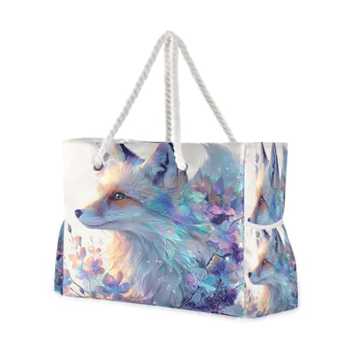 Large Beach Bags Totes Canvas Tote Shoulder Bag Purple Fantasy Fox Water Resistant Bags for Gym Travel Daily