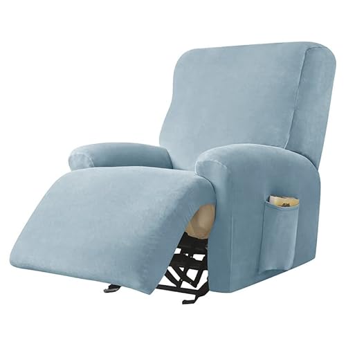 4-Pieces Velvet Recliner Sofa Covers,Stretch Reclining Couch Covers for 1 2 3 4 Seater,Reclining Sofa Slipcovers with Elastic Straps Pocket,Washable Split Sofa Cover Protector,Light blue-2 Seater