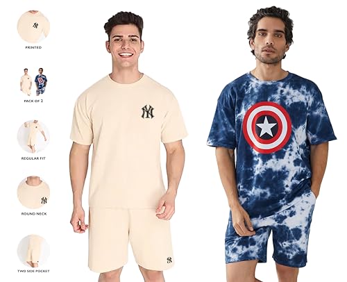 Image of Zombom Combo of Men's Night Suit | Men's Co-ord Set | Lounge-wear Nightdress Pajama Set | Summer Night Wear | Solid Plain Casual Pajama Shorts Set | Beach Wear Pack of 2