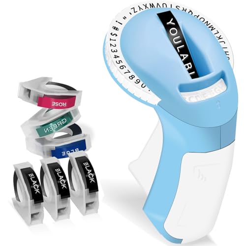 YOULABLE Prägeetikettenmacher mit 3 Bändern, 3D-Prägeetikettenmaschine, tragbarer Schriftzug, geprägter Etikettierer mit 3 Rollen, Prägebänder für Büro, Zuhause, Organisation und Basteln (blau)