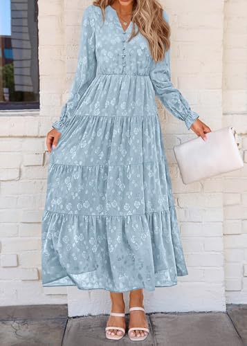 Image of KIRUNDO Spring Wedding Guest Dresses for Women 2026 Maxi Floral Long Sleeve Elegant Ruffle Tiered Flowy Party Long Dress