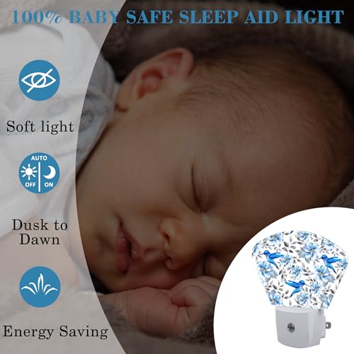 Image of Watercolor Blue Flowers and Hummingbirds Night Light for Kids Girls Boys, Blue Hummingbirds LED Night Light Plug into Wall with Dusk to Dawn Sensor for Room, Hallway, Kitchen, Bathroom, Stairs Decor