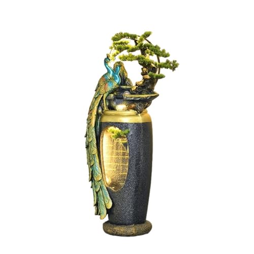 Indoor Floor Fountain Peacock Flowing Water Ornament, New Chinese Zen Fountain, Floor Standing Decorative Vase for Living Room, Entrance Door or Next to Tv Cabinet Water Fountain(53*46*156cm)