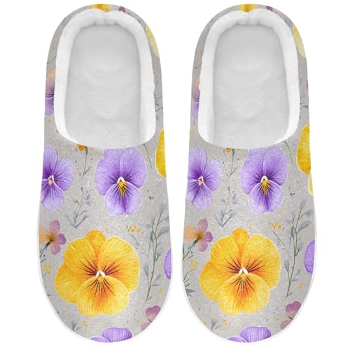 JUNZAN Cartoon Pansy Gray Women Cotton Slippers Soft Memory Foam Bedroom Shoes for Hotel Birthday Presents 6-7