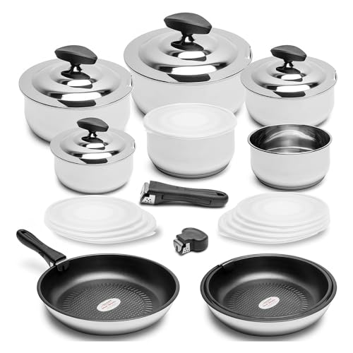 Callaway Frankfurt Acero Inoxidable Batería Cocina Inducción con Asa Extraíble, Antiadherente, Apilable, 24 Pzas