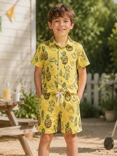 Image of LittleSpring Boys Summer Outfits Button Down Short Sleeve Hawaiian Shirts and Shorts Set