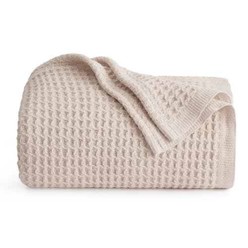 Image of Bedsure 100% Cotton Throw Blanket for Couch, Waffle Weave, Beige, 50 inchx70 inch | Breathable, Soft, Cozy, Cooling, Waffle Texture, Summer Blanket, Gifts for Women, Machine Washable, All Seasons