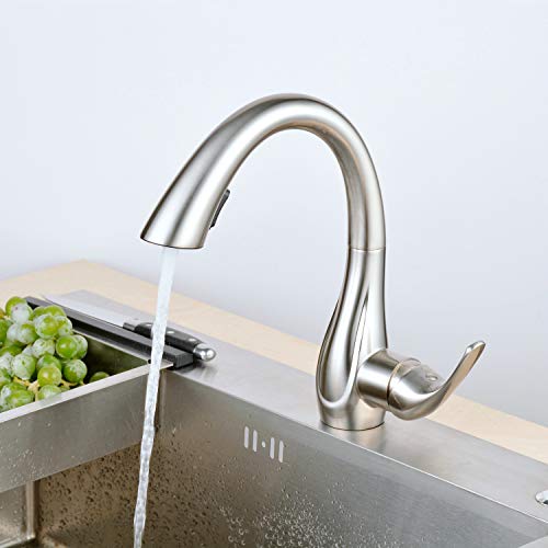 Robinet Cuisine en Laiton, Pivotant à 360° Mitigeur Cuisine avec Douchette Extractible, Nickel Brossé/Finition Mate