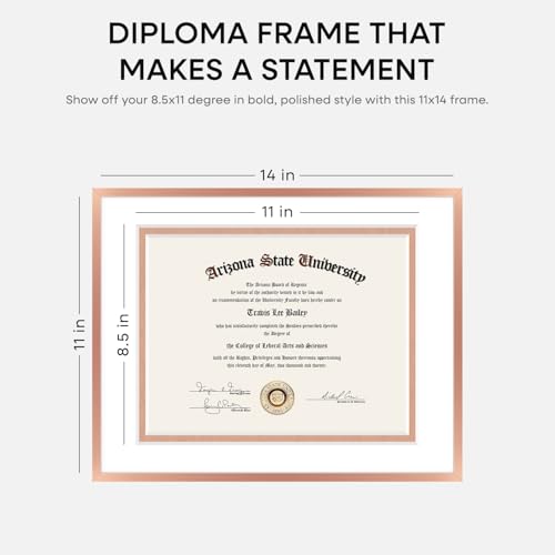 Image of Homeforia 11x14 Diploma Frame Rose Gold, High End Metal 11 x 14 Certificate Frames with Mat 8.5x11, 14x11 Document Frame Matted to 8.5 x 11, Award Graduation Frames, Tempered Glass, Wall Kit, Set of 3