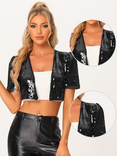 Image of Allegra K Sequin Cardigan for Women Puff Sleeve Open Front Jacket Sparkly Glitter Cropped Shrug Bolero