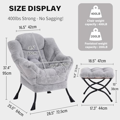 Image of Tiita Lazy Chair with Ottoman, Light Grey Modern Large Accent Armchair, Comfy Leisure Sofa Reading Chair with Footrest for Bedroom, Living Room, Dorm Rooms, Garden, Plush Light Grey