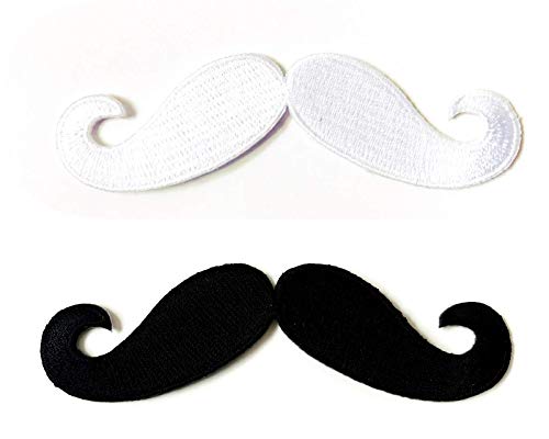 TH Set of 2 pcs. Handlebar Mustache Black White Logo Patches Applique Embroidered Sew on Iron on Patch for Backpacks Jeans Jackets T-Shirt Clothing Costume