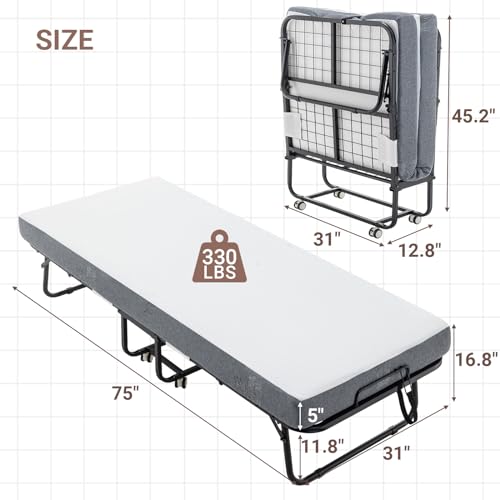 Kiivakii Folding Bed with Mattress, Portable Folding Bedframe with Memory Foam, Sturdy Metal Frame, Space Saving & Easy Storage, 75\" x 31\", Black and Grey