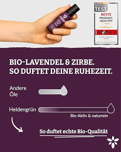 Heldengrün® BIO Roll-On 'Ruhezeit' [100% NATURREIN] Anti-Stress Duft - Dermatologisch getestet - Stressfrei Roll On mit Bio-Lavendel & Zirbe - 2-in-1: Duft & Pflege