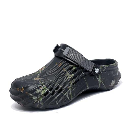 MEIAGDT Zuecos de jardín para hombre, antideslizantes, impermeables, ligeras, para verano, con correa trasera ajustable, para el hogar, playa, camping, diseño de árbol, Negro -, 44.5 EU