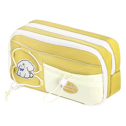 Image of FunBlast Pencil Pouch for Girls - Aesthetic Multi-Compartment Zipper Pouch with Drawstring Pocket, Cute Kawaii Pencil Case, Stylish Stationery Pouch, Return Gift for Kids & School Use (Yellow2)