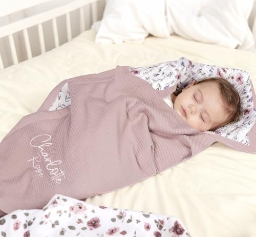 Image of Personalized Baby Blanket with Name - Custom Knit Blanket, 27x40in Floral Embroidered Nursery Blanket for Girls - Customized Baby Blanket, Soft Newborn Gift & Custom Baby Gifts (Baby Pink)