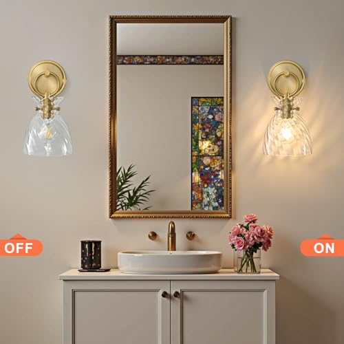Image of Gold Wall Sconce 1-Light 6 Inch Clear Striped Glass Shade | Farmhouse Vanity Light Fixtures, Hardwired Wall Mount, Modern Wall Lights for Bathroom, Living Room, Mirror, Kitchen