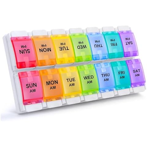 Sukuos AM PM Weekly Pill Organizer 2 Times A Day, Large Daily Pill Box Case 7 Day with Easy Push Button Design, Detachable Medicine Holder for Vitamin/Fish Oil/Supplements (Rainbow) Cover