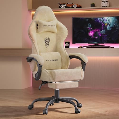 Verdego Chaise Gaming Ergonomique, Fauteuil Gaming avec Support Lombaire Massante, Repose-Pieds Télescopique, Appui-Tête, Tissu Velours, Chaise Gamer...
