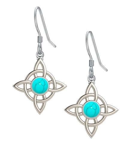 Pendientes Nudos de Bruja de Plata de ley 925, Piedras Naturales Amuleto, 2 cm (Nudo de Bruja Turquesa)