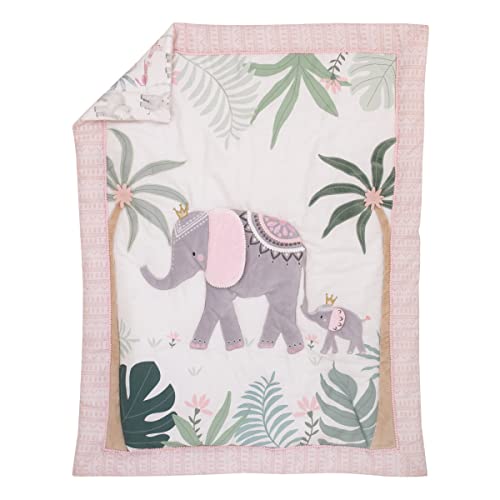 Nojo Tropical Princess Elephant/Jungle Pink And Green 4 Piece Crib Bedding Set - Comforter, Fitted Crib Sheet, Dust Ruffle And Storage #TOP2