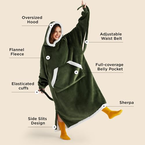 Image of Bedsure Wearable Blanket Hoodie, Long Hooded Blanket Sweatshirt as Mothers Day Gifts for Mom, Cozy Sherpa Hoodie for Adult, Small, Olive Green