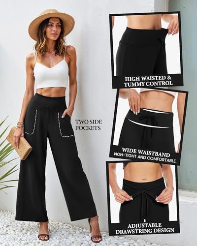 Image of ZOOSIXX Soft Black Pajama Pants for Women, Wide Leg Pants Woman Flowy Comfy Casual Lounge Yoga Capri Pants 22 inch / 30 inch